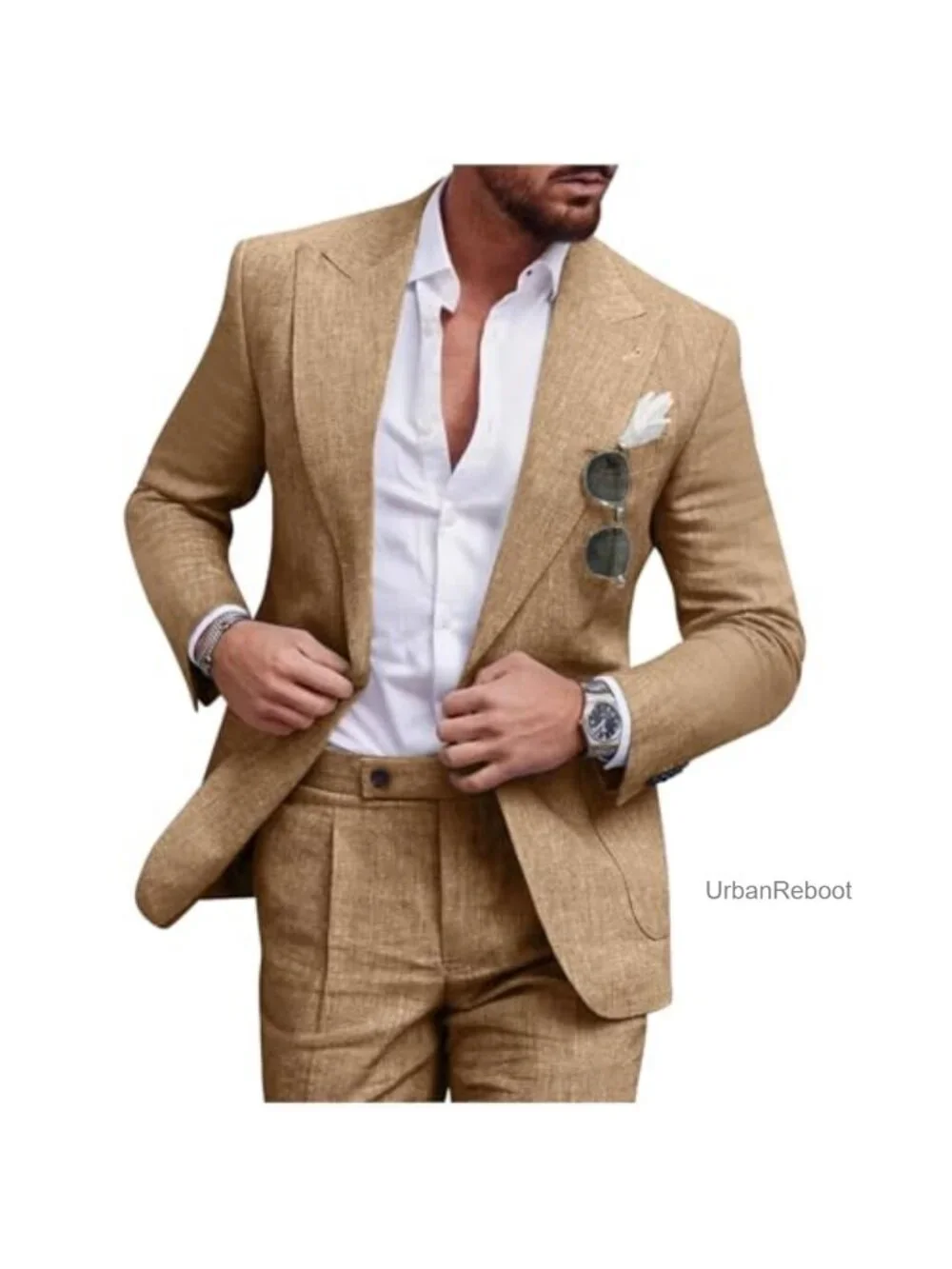 Mens Linen Suit 2 Piece Slim Fit Tuxedo Beach Wedding Formal Suit